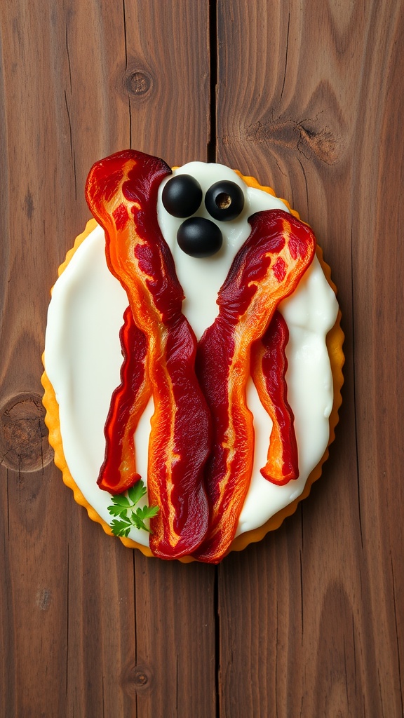 Crispy bacon arranged in a Slender Man shape on cream cheese crackers with black olives and parsley.